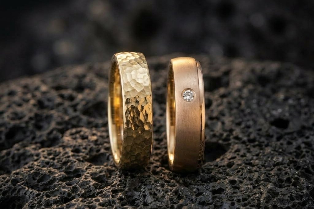 Handgefertigte 18k Trauringe aus gehämmertem und mattiertem Gold mit Diamant auf Lavagestein – Juwelier Laner Bruneck