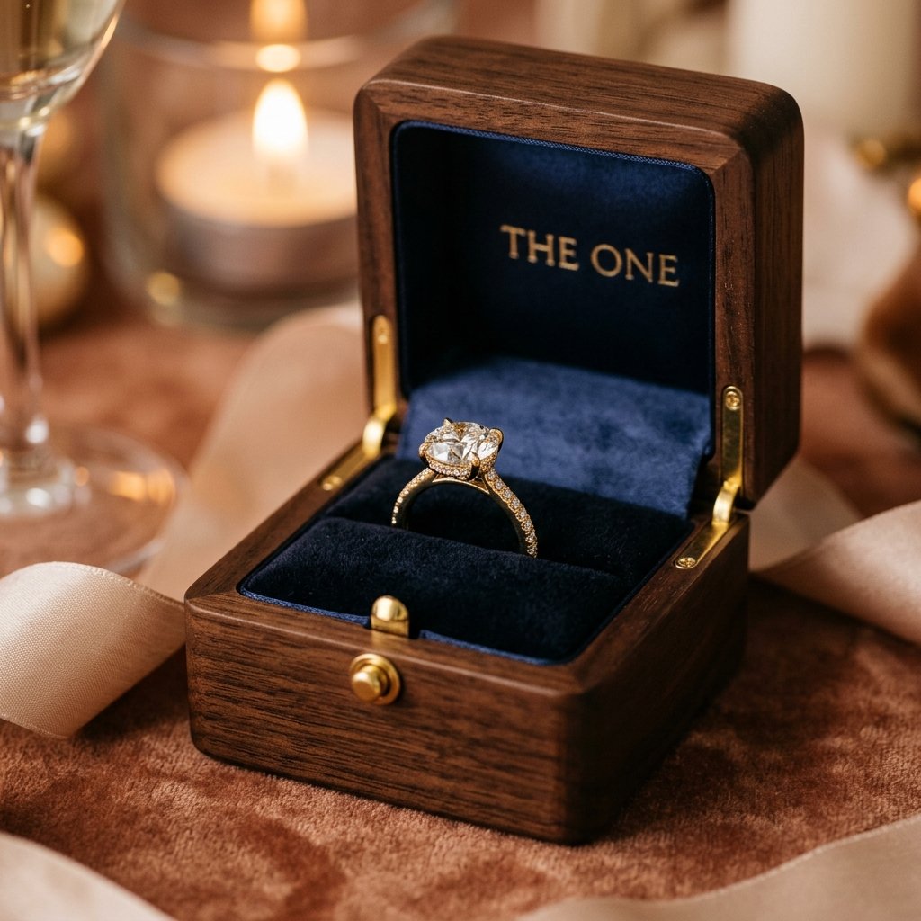 Exklusiver Diamant-Verlobungsring in edler Geschenkbox aus Holz und Samt – Verlobungs-Kompass Bruneck