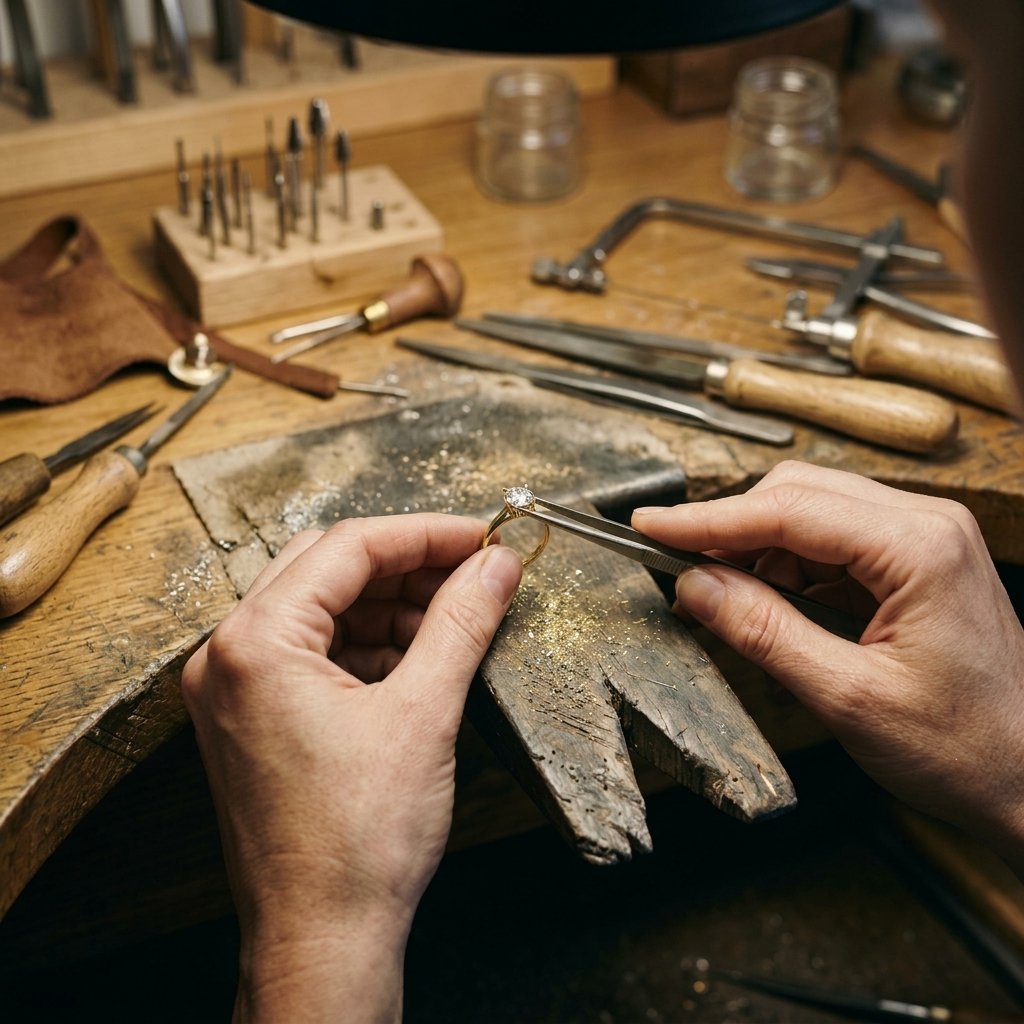 Präzise Handarbeit eines Schmuckstücks in der hauseigenen Goldschmiede-Werkstatt in Bruneck