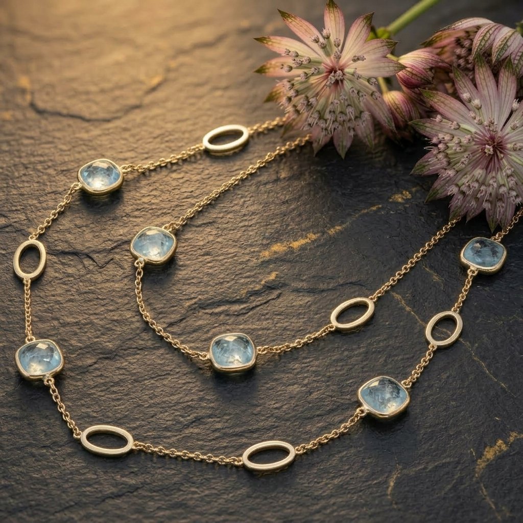 Langes 18k Gelbgold-Collier mit gefassten Aquamarin-Cabochons – Bruneck