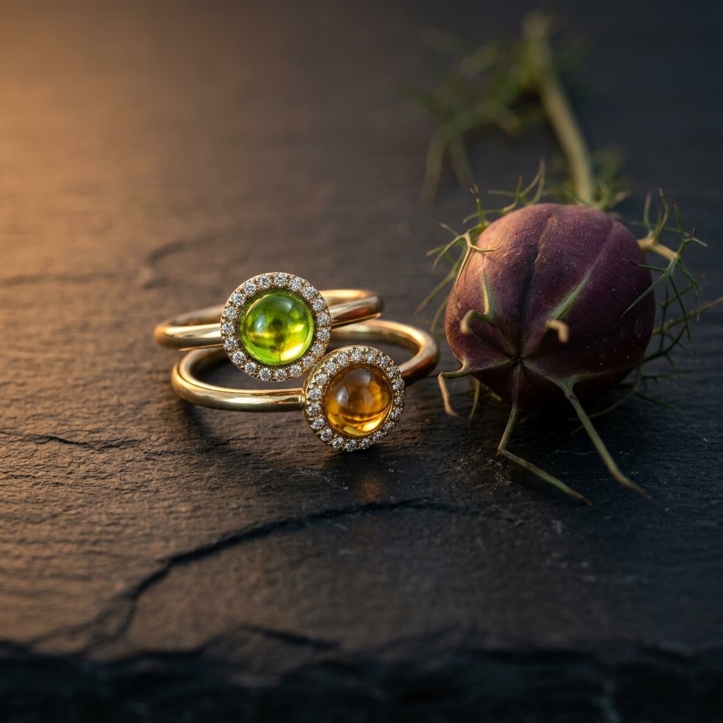 Cabochon Edelsteinringe in Gelbgold mit Brillanthalo – Juwelier Laner