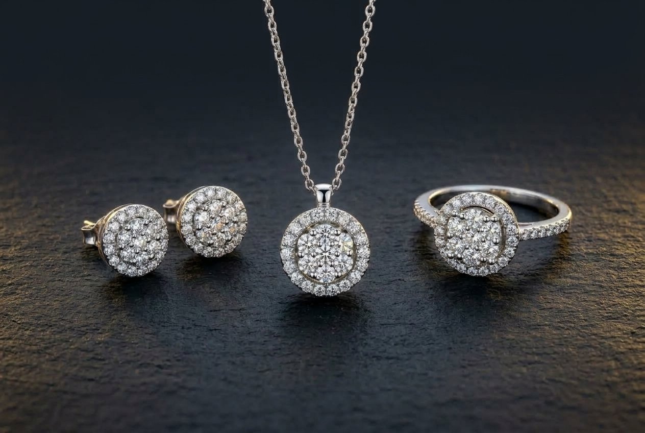 Brillant Cluster Weißgold-Schmuckset Collier, Ohrringe und Ring – Bruneck