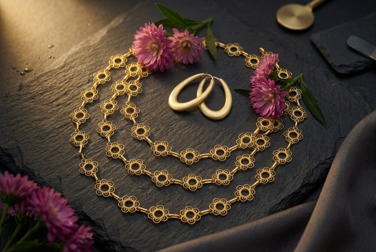 Langes 18k Gelbgold Filigran-Collier und satinierte Ohrringe – Südtirol