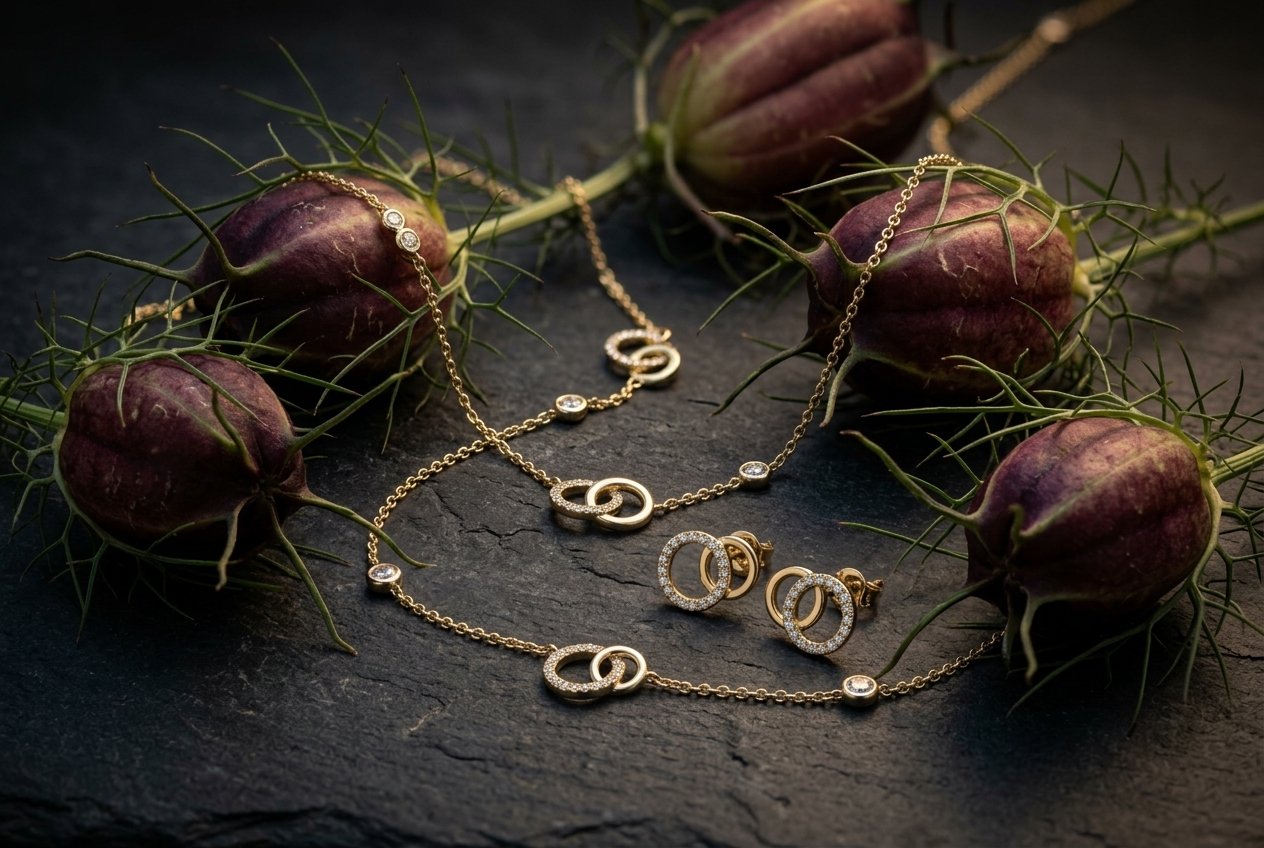 Collier und Ohrstecker Interlocking Circles in 18k Gelbgold mit Diamanten – Laner