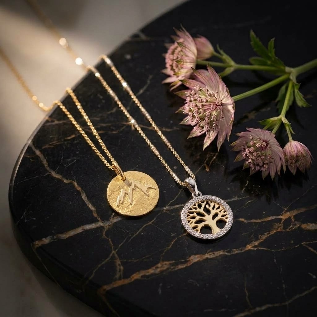 Dolomiten Bergmedaille und Lebensbaum-Anhänger in Gold – Juwelier Laner Südtirol