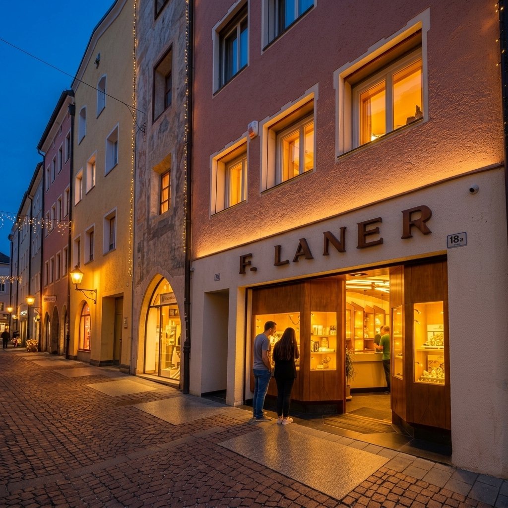 Außenansicht des Juweliergeschäfts Laner in der historischen Stadtgasse 18 in Bruneck Südtirol