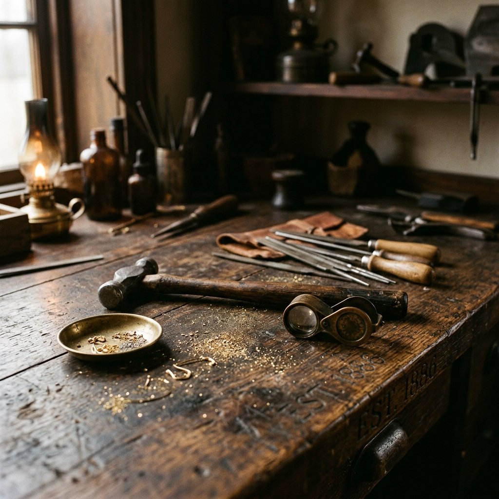 Historische Goldschmiede-Werkbank mit traditionellem Werkzeug aus dem Gründungsjahr 1886