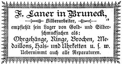 Historische Zeitungsanzeige zur Eröffnung der Goldschmiede Laner im Jahr 1888